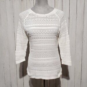 Loft PM MP White Stitchy Sweater Boho Coastal Cottage 70s Retro Indie Artsy Mod